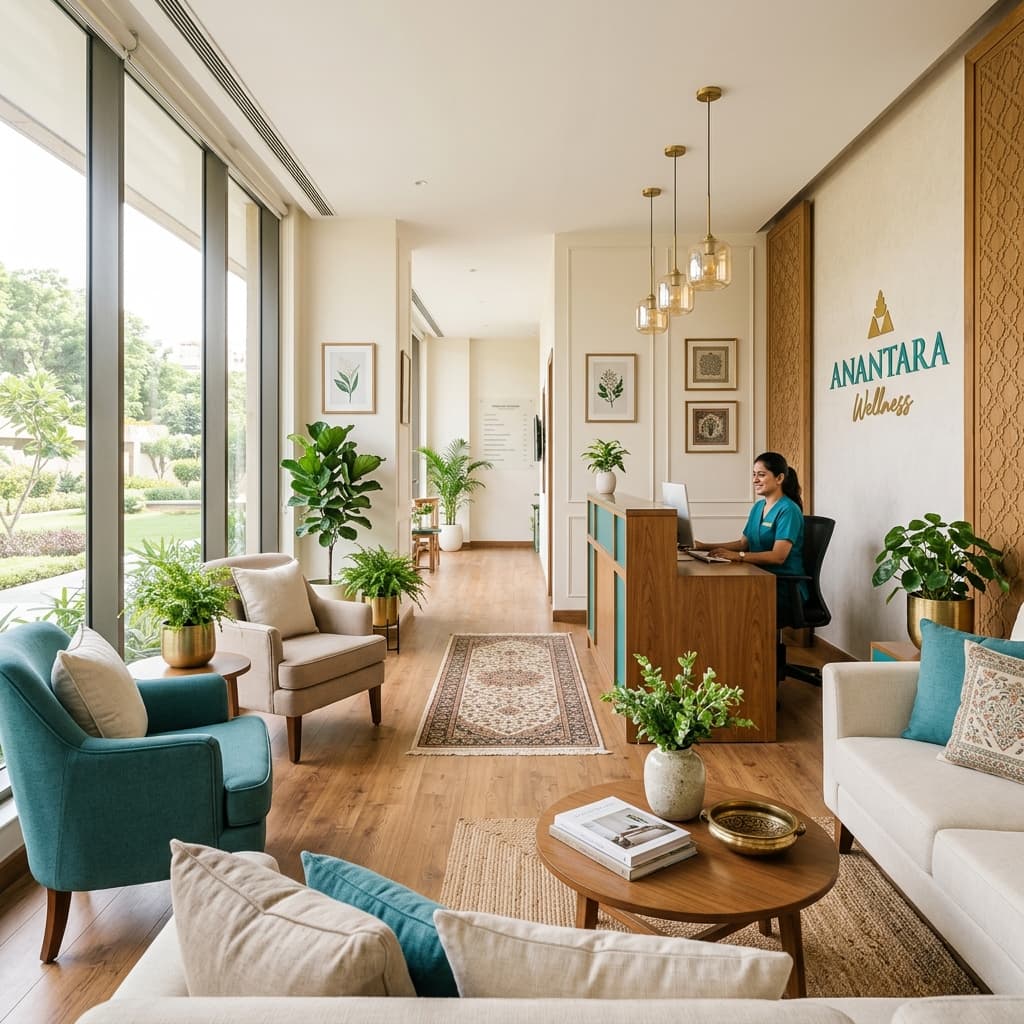 The bright, welcoming reception area of Nibras Aesthetic & Wellness Retreat in Anantnag
